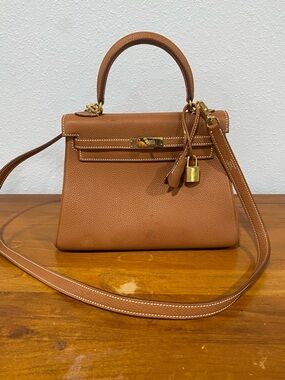 Classic Tan Leather Top-Handle Bag with Gold Hardware